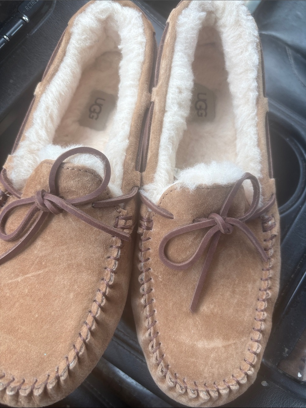 UGG Tan Suede Shearling-Lined Moccasin Slippers